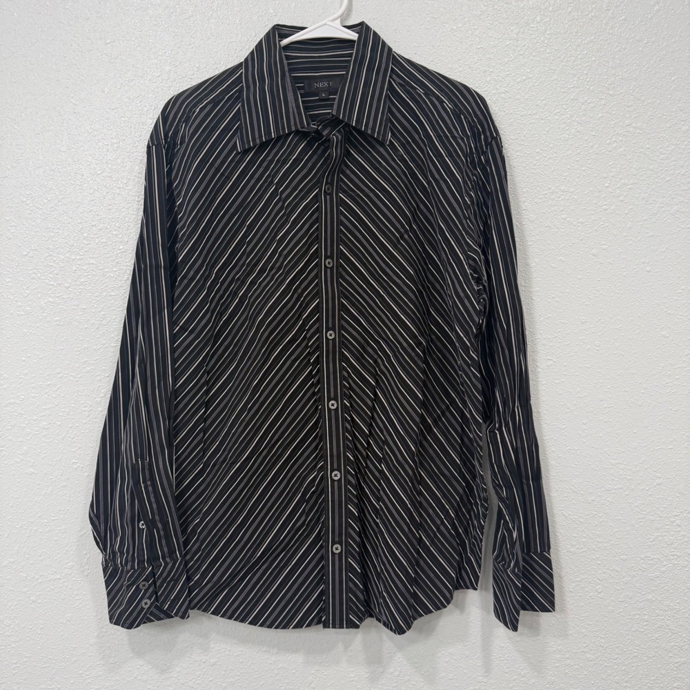 Next Mens Black Diagonal Stripe Cotton Button Down Shirt Long Sleeve Size L